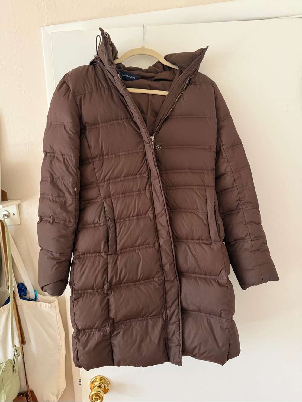 Lands' End Women's Chocolate Brown Long Puffer Coat with Hood